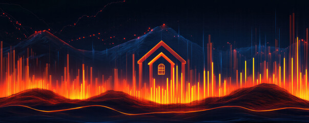 Poster - A colorful, abstract image of a house with a window and a chimney. The house is surrounded by mountains and hills, and the sky is filled with stars. The image has a dreamy, surreal quality to it