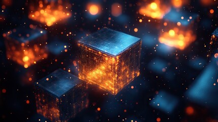 Aufkleber - blue abstract background featuring glowing squares, ideal for technology-themed stock photo