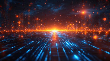 Poster - blue digital grid with glowing lines creates futuristic landscape, symbolizing technology and innovation.stock photo
