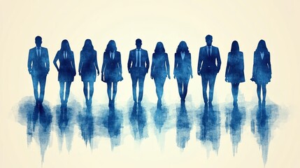 Poster - blue vector silhouette of businesspeople standing in front of each other, arranged neatly on white background.