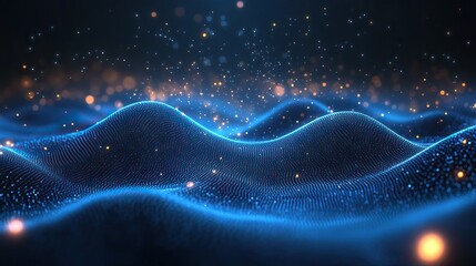 Poster - blurred blue background with glowing dots and horizontal lines, showcasing digital design for technology.illustration
