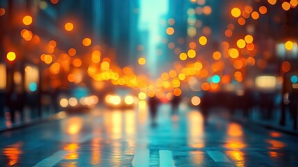 Poster - blurred cityscape with soft golden lights in the background, creating warm urban atmosphere.image