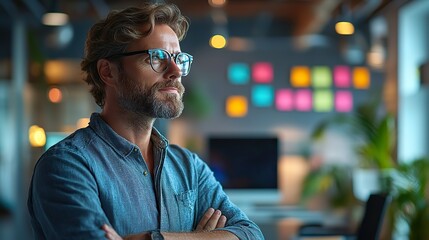 Poster - board filled with sticky notes sits on desk, representing organization, planning, or brainstorming.stock photo