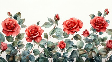 Aufkleber - border of watercolor red roses and green leaves on white creates beautiful floral design for wedding invitations or romantic greeting cards.stock photo