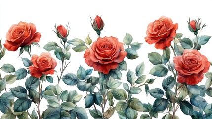 Aufkleber - border of watercolor red roses and green leaves on white creates beautiful floral design for wedding invitations or romantic greeting cards.
