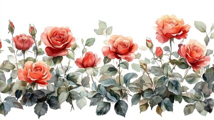 Aufkleber - border of watercolor red roses and green leaves on white creates beautiful floral design for wedding invitations or romantic greeting cards.image
