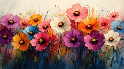 Aufkleber - bright and cheerful spring banner featuring colorful flowers and splashes of watercolor.illustration