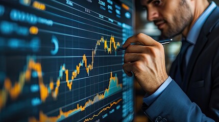 Aufkleber - businessman draws rising graph on virtual screen, symbolizing business growth against performance chart background.image