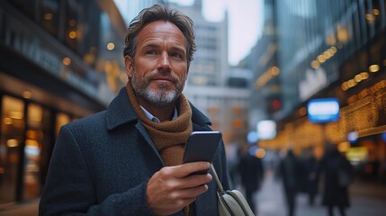 Poster - businessman holding smartphone on the street, reading messages with the office building blurred in the background.stock photo