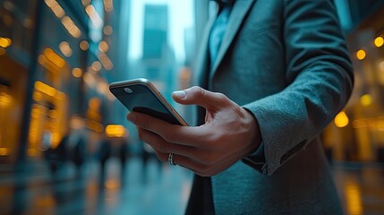 Aufkleber - businessman using smartphone in an office building, close-up of his hand holding the phone for business communication.image