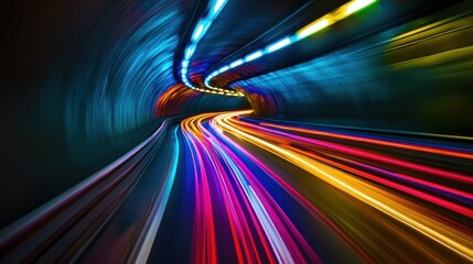 Poster - Vibrant light trails of different colors weaving through a tunnel at high speed,