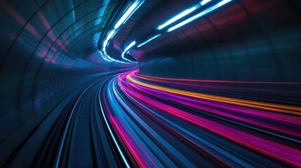 Poster - Vibrant light trails of different colors weaving through a tunnel at high speed,