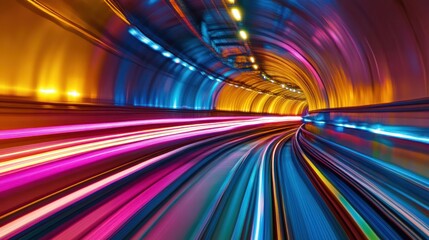 Poster - Vibrant light trails of different colors weaving through a tunnel at high speed,