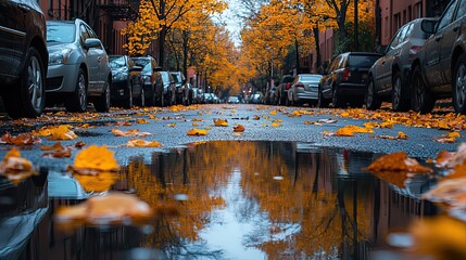Poster - city street in autumn with yellow leaves scattered on both sides, and puddles from recent rain.