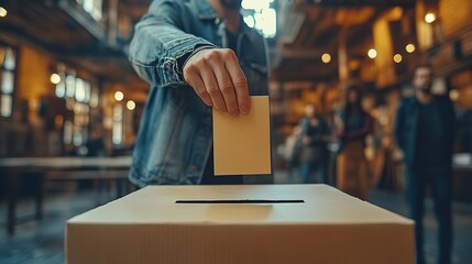 Aufkleber - close-up of hand casting vote into ballot box during an election, with people standing nearby.image