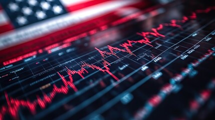 Poster - close-up of stock market chart declining, with red and blue colors and the American flag in the background.stock photo
