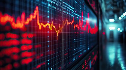 Poster - close-up of stock market chart declining, with red and blue colors and the American flag in the background.