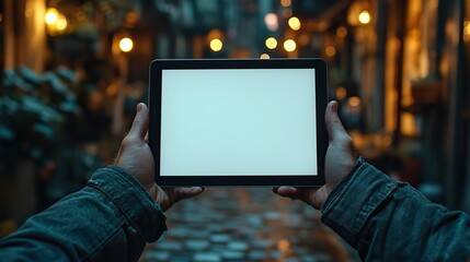 Poster - close-up of tablet with blank white screen, held by man at eye level, ready for text or content.