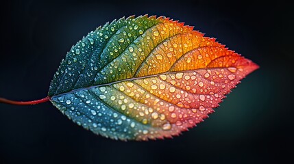Poster - close-up of an autumn leaf with vibrant colors transitioning from green to red, with dark background emphasizing the contrast.illustration