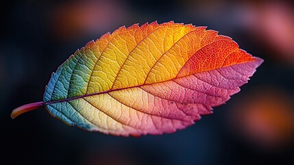 Poster - close-up of an autumn leaf with vibrant colors transitioning from green to red, with dark background emphasizing the contrast.