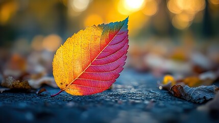 Poster - close-up of an autumn leaf, showcasing rich colors transitioning from green to red and yellow, with blurred background.image