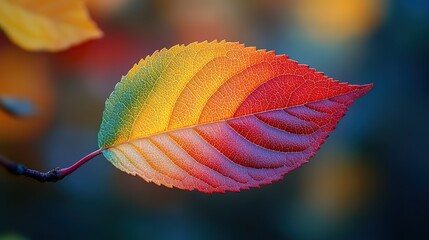 Aufkleber - close-up of an autumn leaf, showcasing rich colors transitioning from green to red and yellow, with blurred background.stock photo