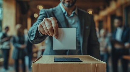 Poster - close-up of an open ballot box with man in suit casting his vote, with blurred people in the background.image