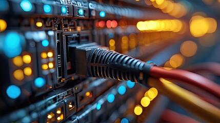 Poster - close-up of an internet cable being connected to network switch symbolizes dat transfer and digital connectivity.illustration