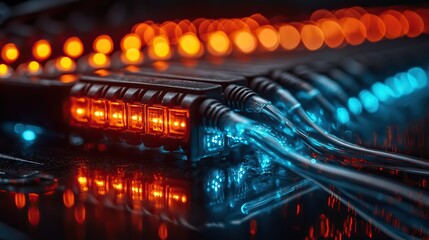 Poster - close-up of an internet cable being connected to network switch symbolizes dat transfer and digital connectivity.