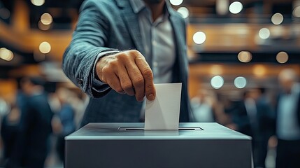 Poster - close-up of an open ballot box with man in suit casting his vote, with blurred people in the background.stock photo
