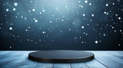 Poster - sleek podium on wooden surface with snowy background creates serene atmosphere