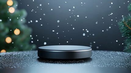 Poster - sleek black podium surrounded by falling snowflakes creates festive atmosphere