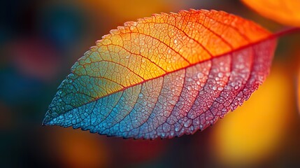 Poster - close-up of the edge of an autumn leaf, with rich colors blending from green to red and yellow, creating gradient effect.
