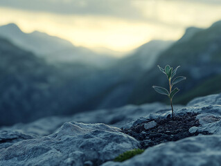 single green plant growing from rocky ground in mountain landscape  with blue and white hues