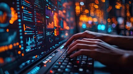 Aufkleber - close-up shot of hands typing on keyboard in control room filled with screens displaying dat and graphs.image
