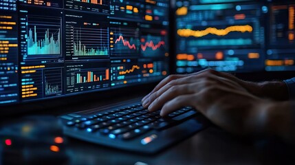Poster - close-up shot of hands typing on keyboard in control room filled with screens displaying dat and graphs.