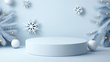 Poster - Winter podium with snowflakes and decorative elements creates serene atmosphere