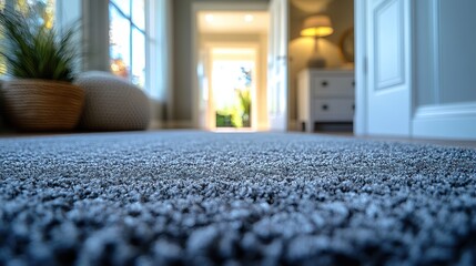 Poster - close-up view of grey carpet in room, with white door open to the entrance, creating cozy indoor atmosphere.image
