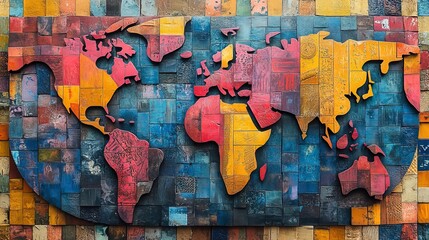 Poster - collage of patterns forming the shape of Earth with geometric shapes representing the continents.stock photo