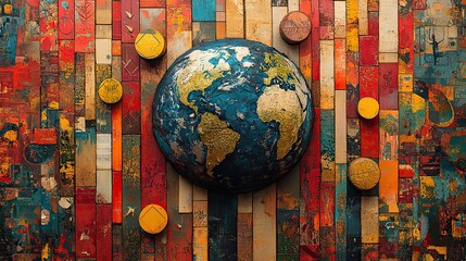 Poster - collage of patterns forming the shape of Earth with geometric shapes representing the continents.image