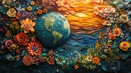 Poster - collage of various textures and patterns forms the Earth, with colorful paper cutouts representing diverse landscapes.