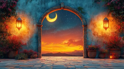Aufkleber - collection of Islamic windows and arches in modern boho style with moon and lanterns.illustration