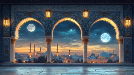 Poster - collection of Islamic windows and arches in modern boho style with moon and lanterns.image
