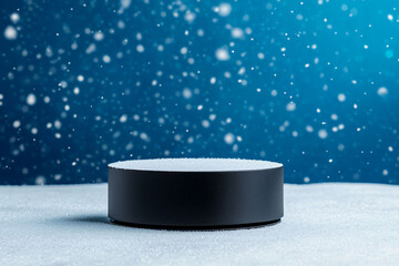 Poster - polished black podium surrounded by snowflakes creates serene winter scene