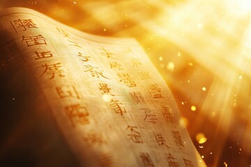 Aufkleber - A book with Chinese writing on it is illuminated by the sun