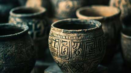 old vintage clay pots with intricate designs and rustic textures on dark wooden surface  in low light.