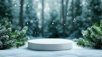 Poster - Minimalist podium in snowy forest setting with evergreen trees
