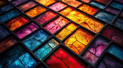 Aufkleber - colorful abstract pattern of stained glass tiles, adding vibrancy to digital background.