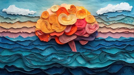 Poster - colorful and mixed-medi collage of brain set against backdrop of ocean and sky, integrating paper cut-out shapes.image