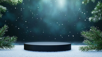 Poster - dark Christmas scene featuring black podium surrounded by soft snow and evergreen branches